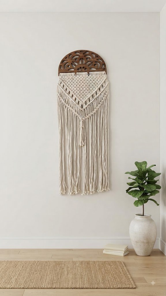 Boho Arch: Carved Wood & Macrame Wall Hanging