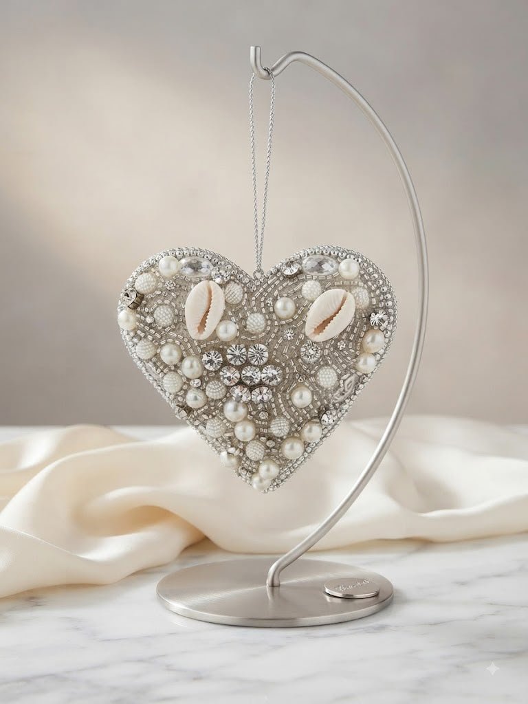 Cowrie Shell, Pearl & Crystal Embellished Heart Hanging Decor