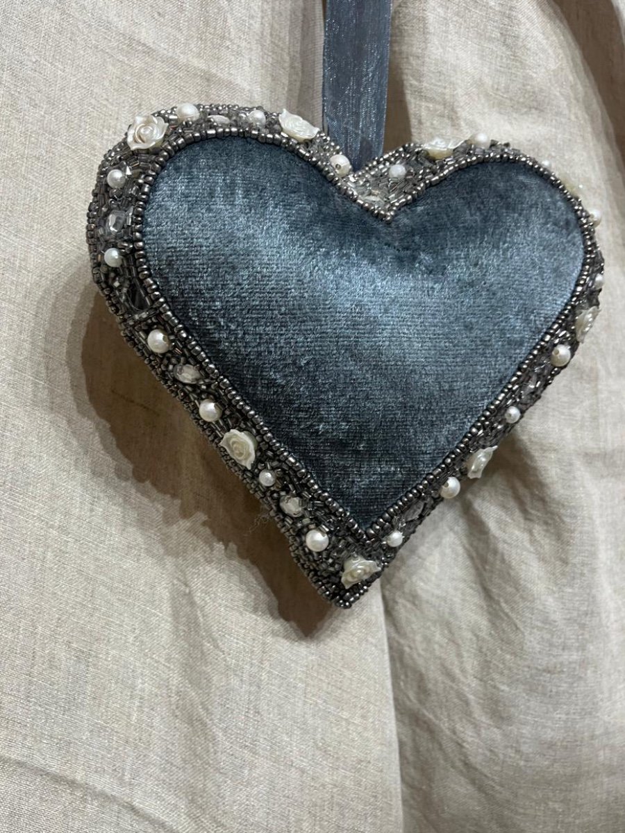 Charcoal Velvet & Metallic Studded Heart Hanging Decor