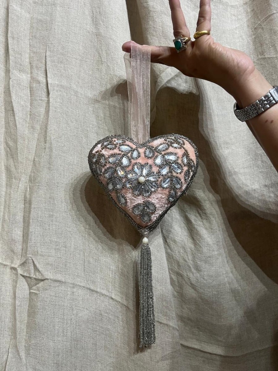 Blush Velvet & Crystal Floral Heart Hanging Decor