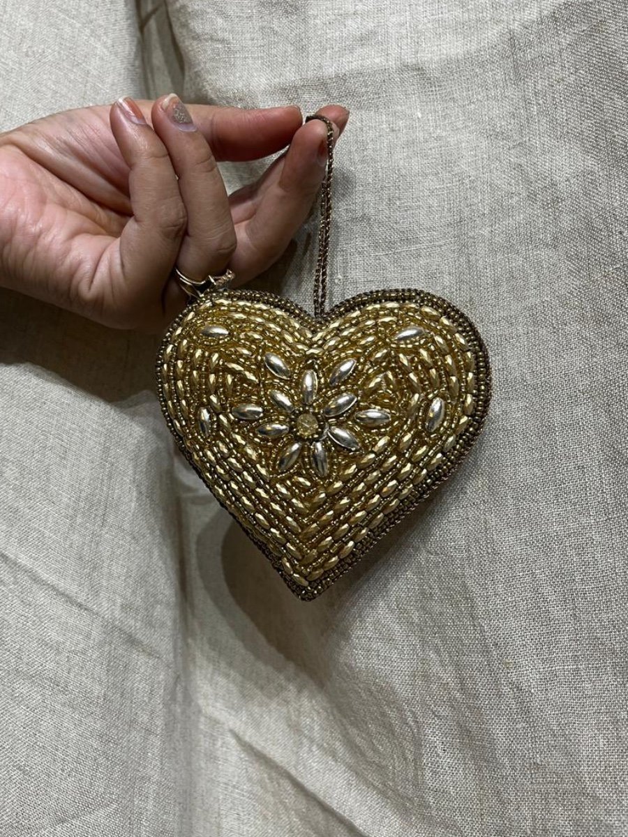 Antique Gold & Bronze Beaded Heart Hanging Decor