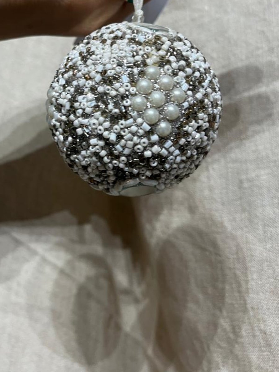 Silver & Pearl Mosaic Hand-Beaded Bauble Decor