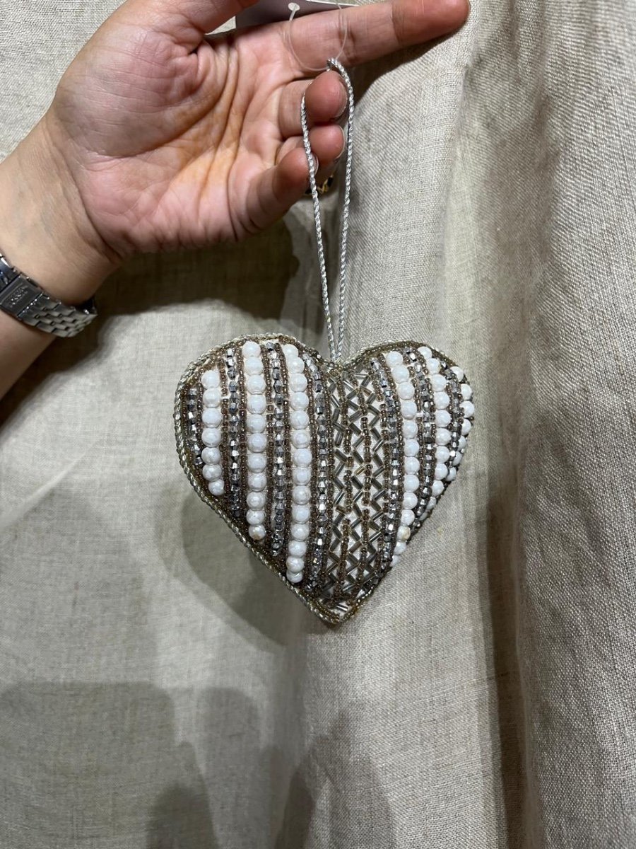 Silver & Pearl Striped Heart Hanging Decor