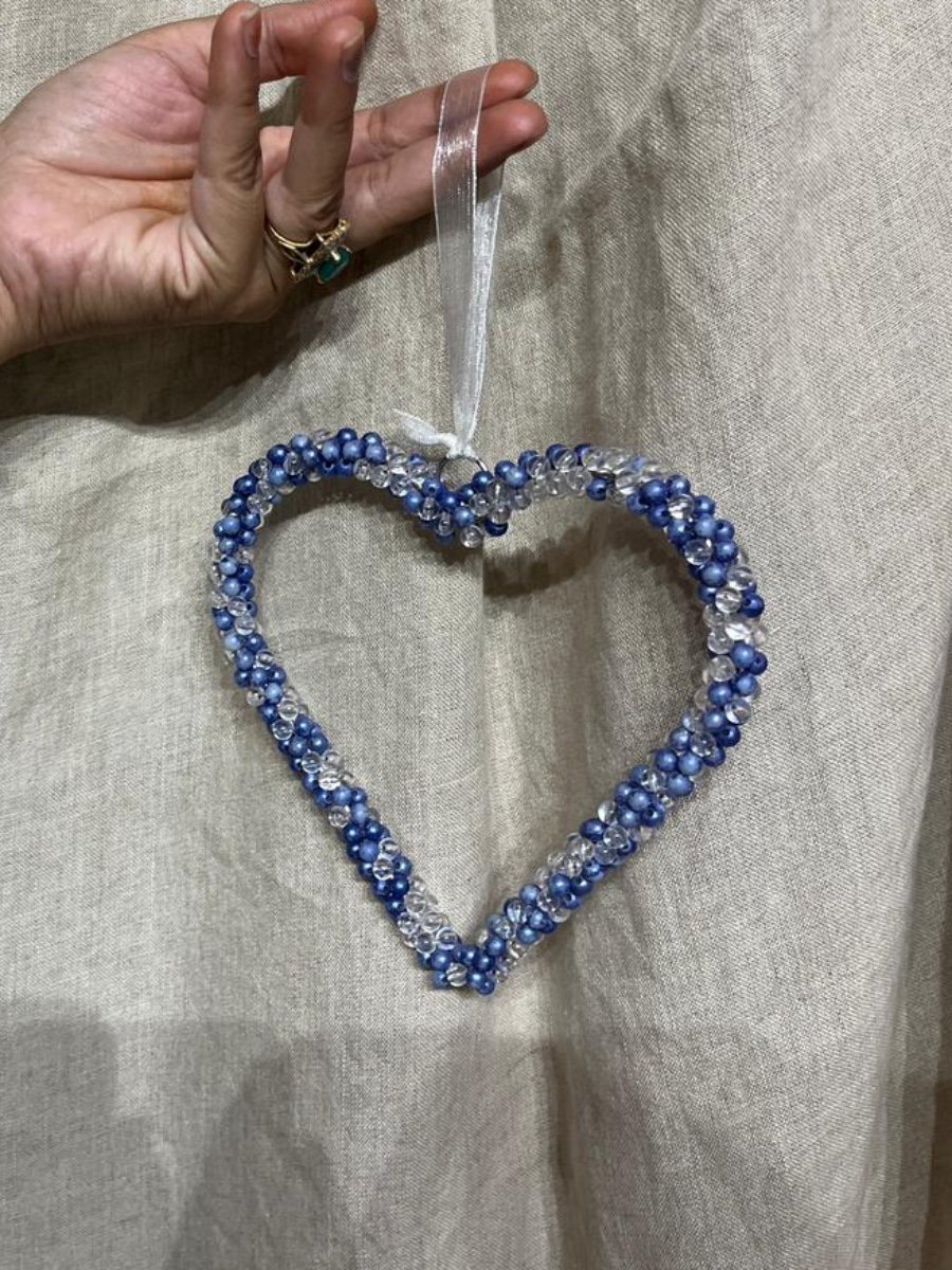 Periwinkle & Crystal Open Beaded Heart Hanging Decor