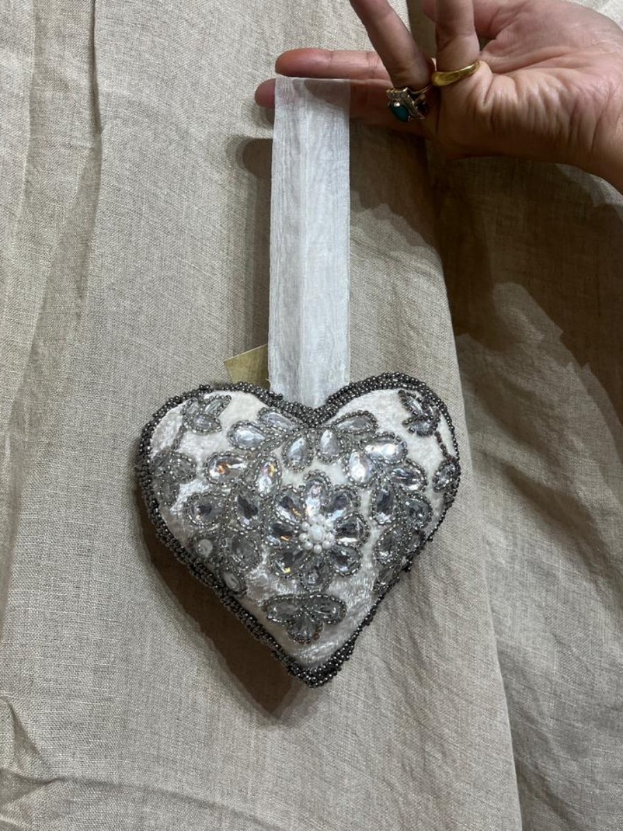 Winter White Velvet & Crystal Floral Heart Hanging Decor