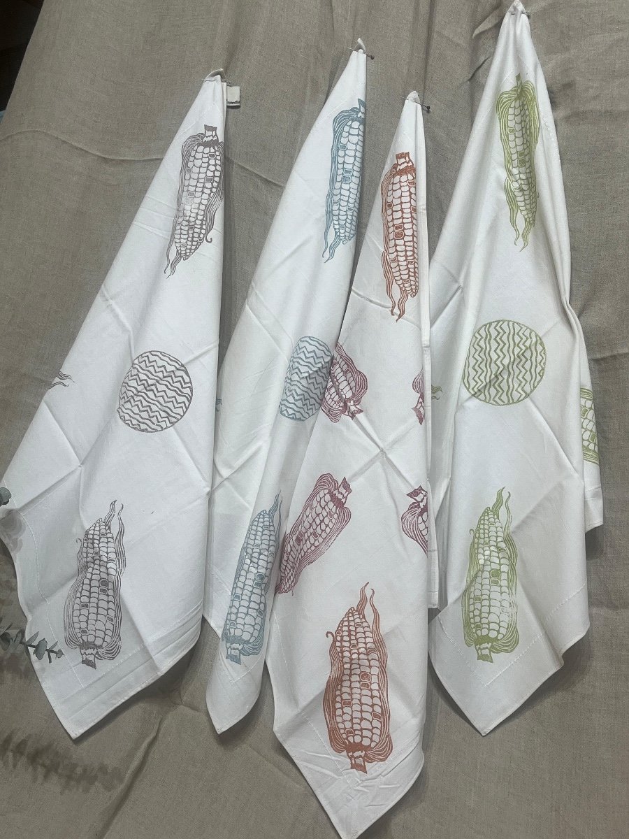Tea Towels 100% Cotton Hand Lino-Printed (Large Set of 4)