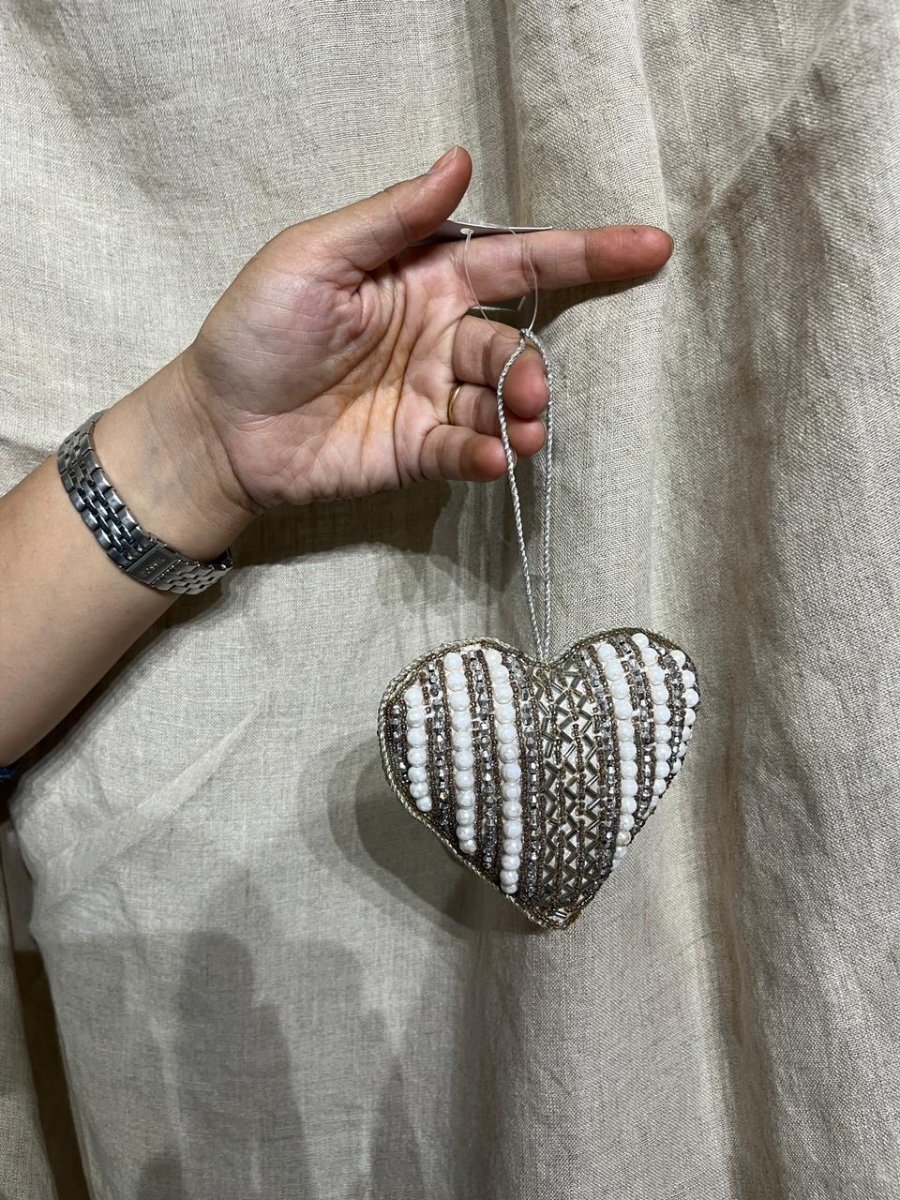 Silver & Pearl Striped Heart Hanging Decor photo 2