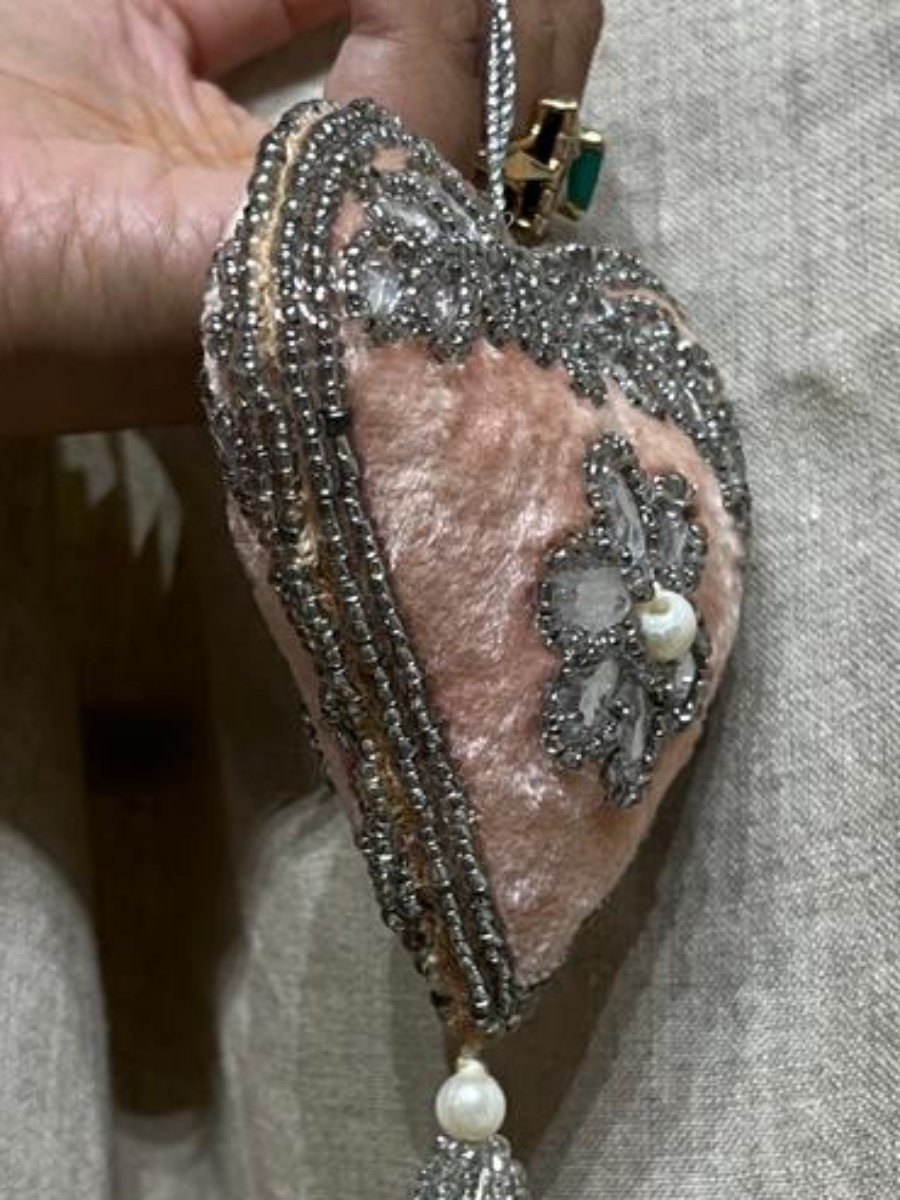 Blush Velvet & Crystal Floral Heart Hanging Decor photo 3